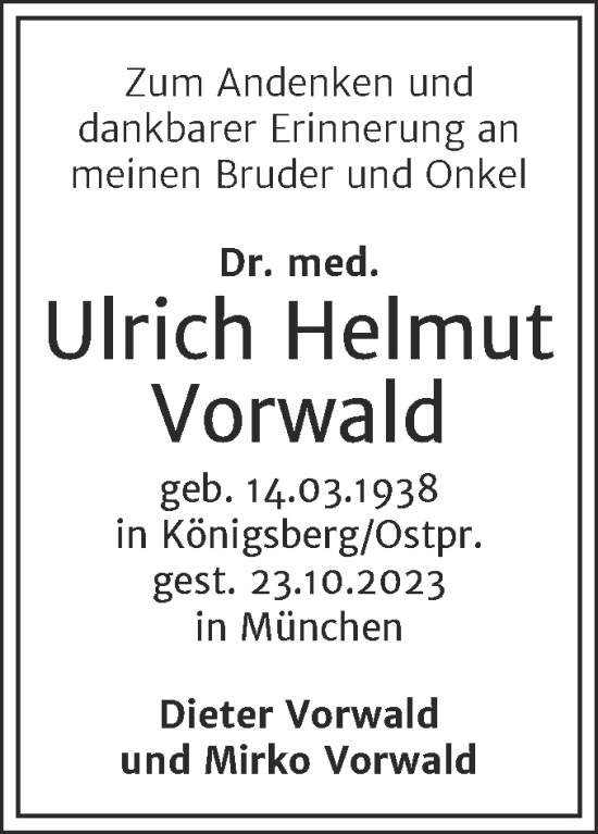 Traueranzeige von Ulrich Helmut Vorwald von Mitteldeutsche Zeitung Halle/Saalkreis