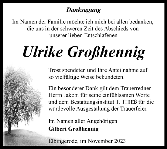 Traueranzeige von Ulrike Großhennig von Volksstimme Wernigerode