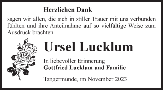 Traueranzeige von Ursel Lucklum von Volksstimme Altmark Ost