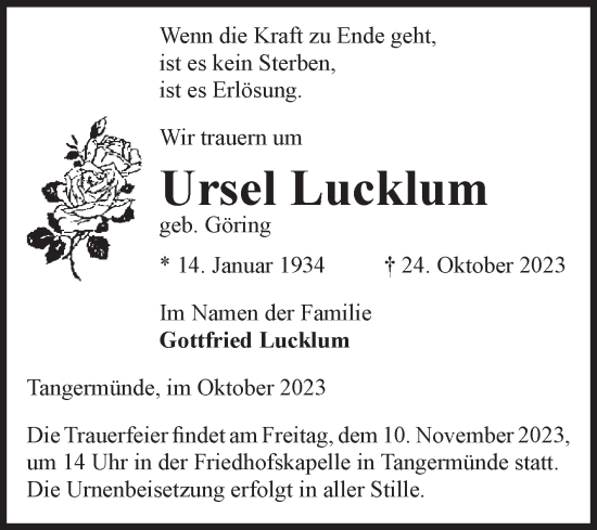 Traueranzeige von Ursel Lucklum von Volksstimme Altmark Ost