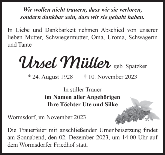 Traueranzeige von Ursel Müller von Volksstimme Oschersleben/Wanzleben