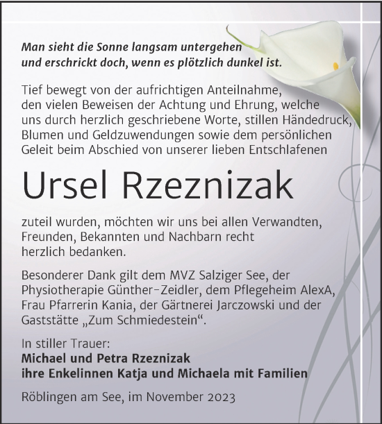 Traueranzeige von Ursel Rzeznizak von Trauerkombi Mansfelder Land