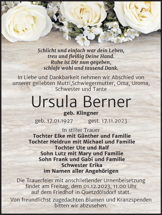 Traueranzeige von Ursula Berner von Trauerkombi Bitterfeld