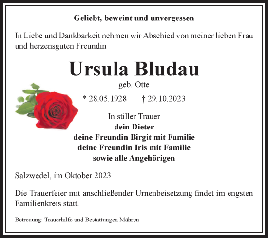 Traueranzeige von Ursula Bludau von Volksstimme Altmark West