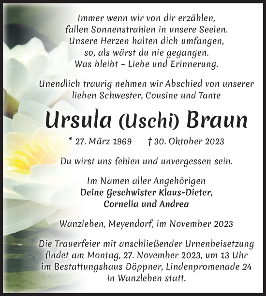 Traueranzeige von Ursula Braun von Volksstimme Oschersleben/Wanzleben