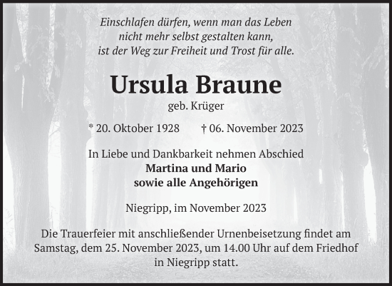 Traueranzeige von Ursula Braune von Volksstimme Burg/Genthin