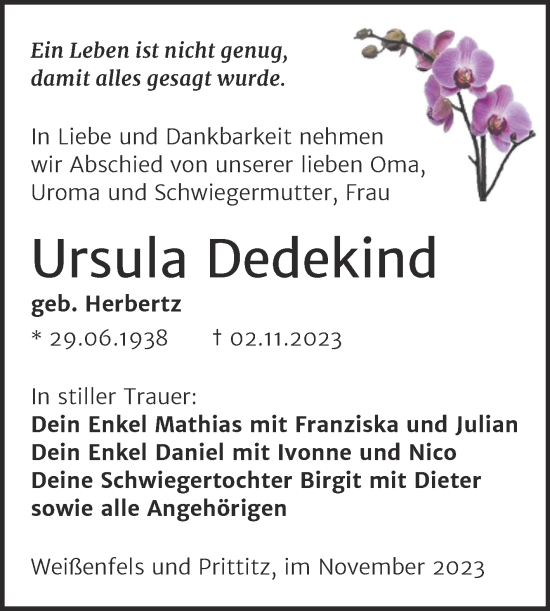 Traueranzeige von Ursula Dedekind von Trauerkombi Weißenfels