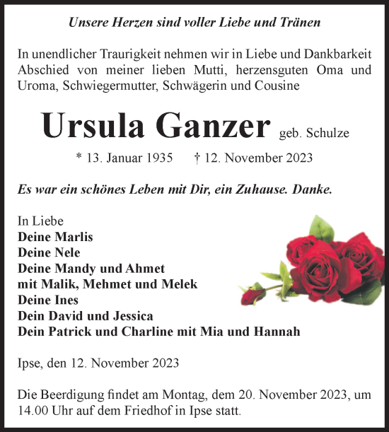 Traueranzeige von Ursula Ganzer von Volksstimme Altmark West