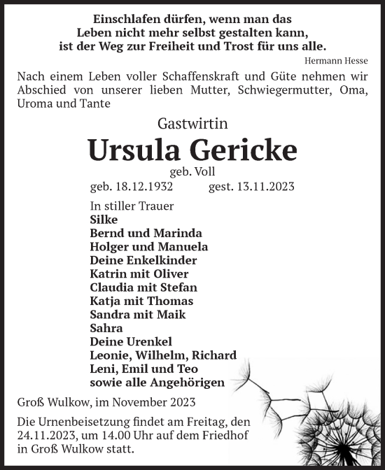 Traueranzeige von Ursula Gericke von Volksstimme Altmark Ost