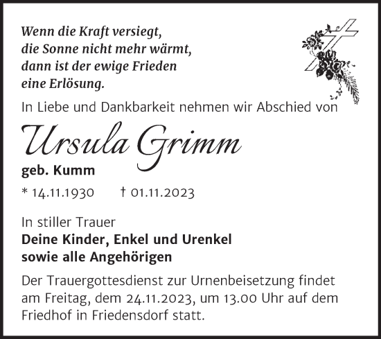 Traueranzeige von Ursula Grimm von Trauerkombi Merseburg