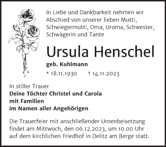 Traueranzeige von Ursula Henschel von Trauerkombi Merseburg
