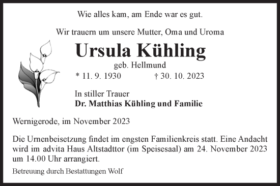 Traueranzeige von Ursula Kühling von Volksstimme Wernigerode