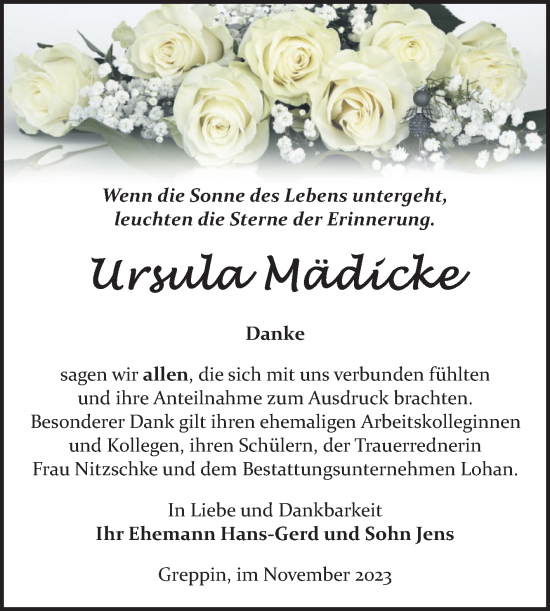 Traueranzeige von Ursula Mädicke von Trauerkombi Bitterfeld