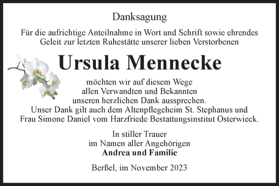 Traueranzeige von Ursula Mennecke von Volksstimme Halberstadt
