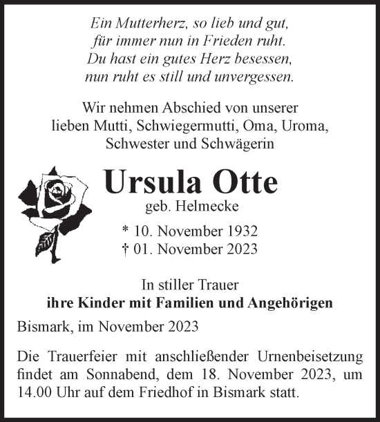 Traueranzeige von Ursula Otte von Volksstimme Altmark Ost