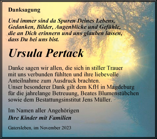 Traueranzeige von Ursula Pertack von Trauerkombi Aschersleben