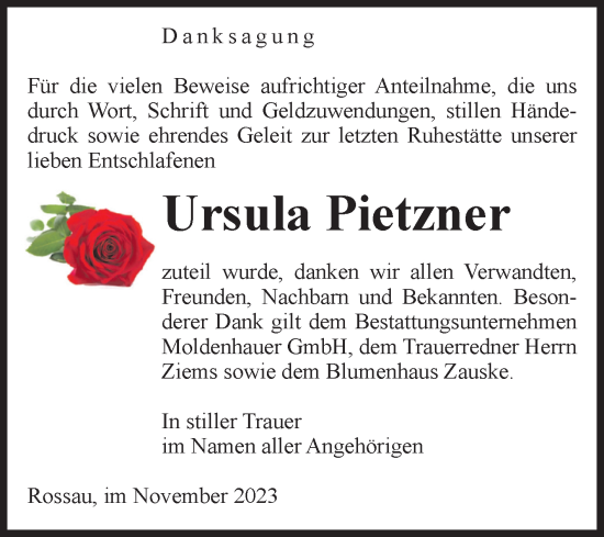 Traueranzeige von Ursula Pietzner von Volksstimme Altmark Ost