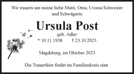 Traueranzeige von Ursula Post von Volksstimme Burg/Genthin