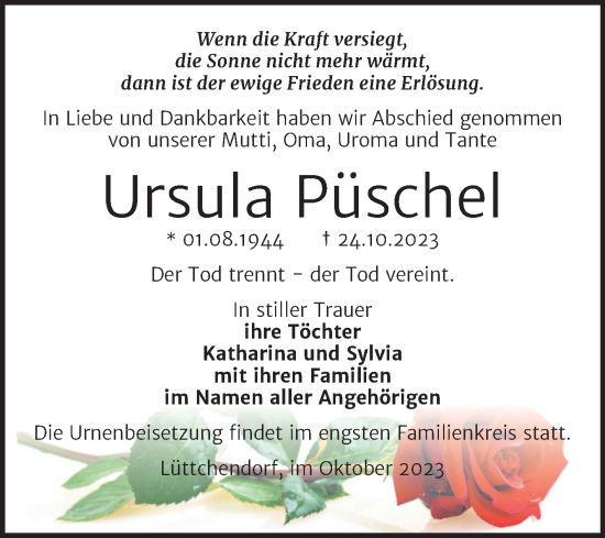 Traueranzeige von Ursula Püschel von Trauerkombi Mansfelder Land