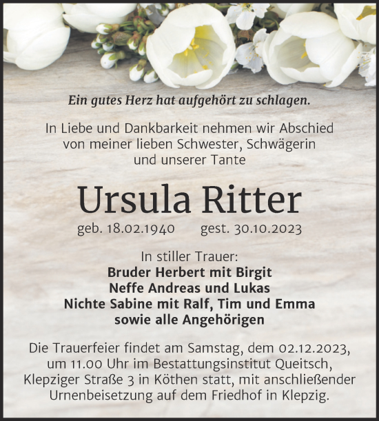 Traueranzeige von Ursula Ritter von Trauerkombi Köthen
