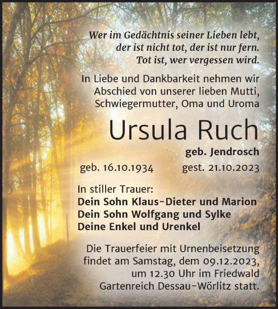 Traueranzeige von Ursula Ruch von Trauerkombi Bitterfeld