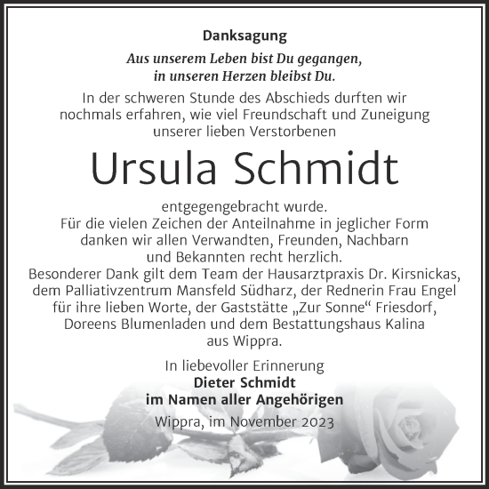 Traueranzeige von Ursula Schmidt von Mitteldeutsche Zeitung Mansfelder Land