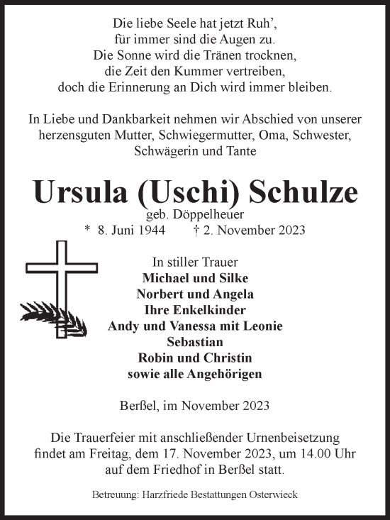 Traueranzeige von Ursula Schulze von Volksstimme Halberstadt
