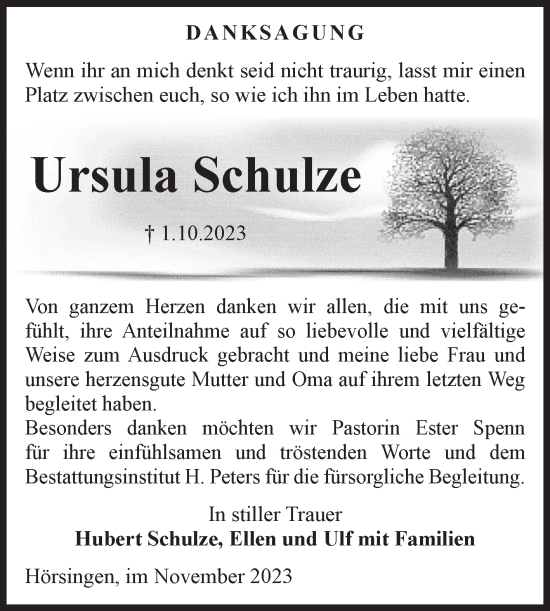 Traueranzeige von Ursula Schulze von Volksstimme Haldensleben/Wolmirstedt