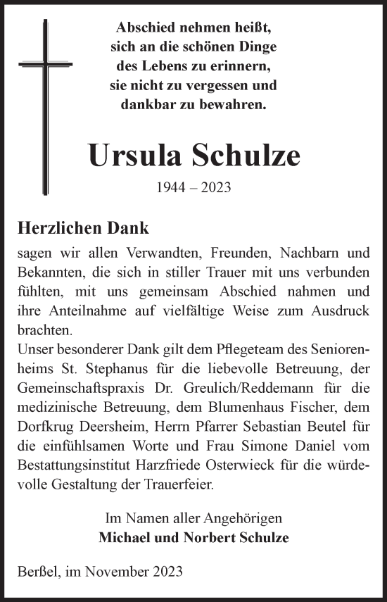 Traueranzeige von Ursula Schulze von Volksstimme Halberstadt