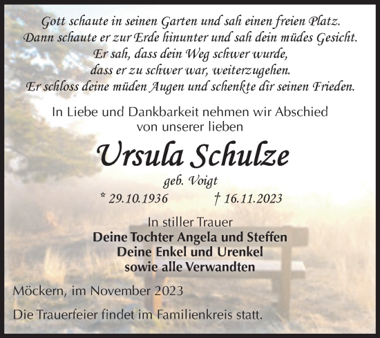 Traueranzeige von Ursula Schulze von Volksstimme Burg/Genthin