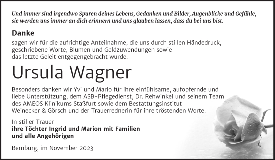 Traueranzeige von Ursula Wagner von Trauerkombi Bernburg