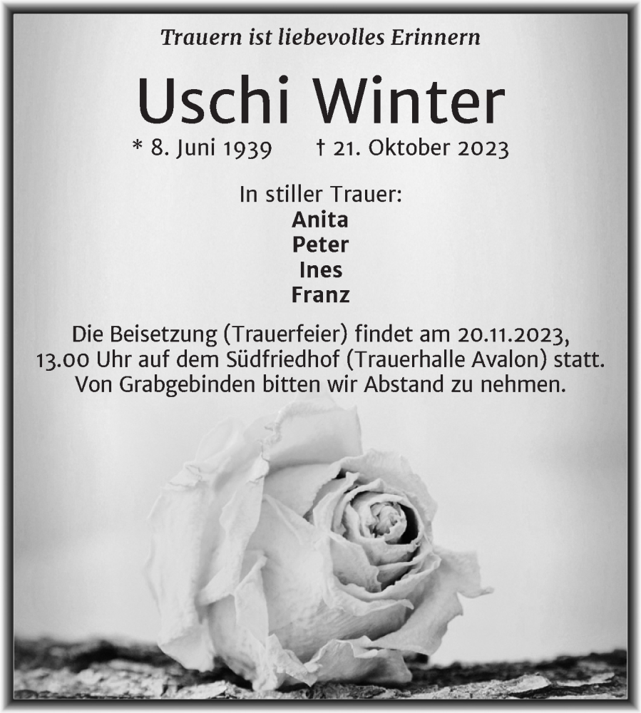  Traueranzeige für Uschi Winter vom 11.11.2023 aus Mitteldeutsche Zeitung Halle/Saalkreis