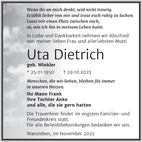 Traueranzeige von Uta Dietrich von Trauerkombi Mansfelder Land