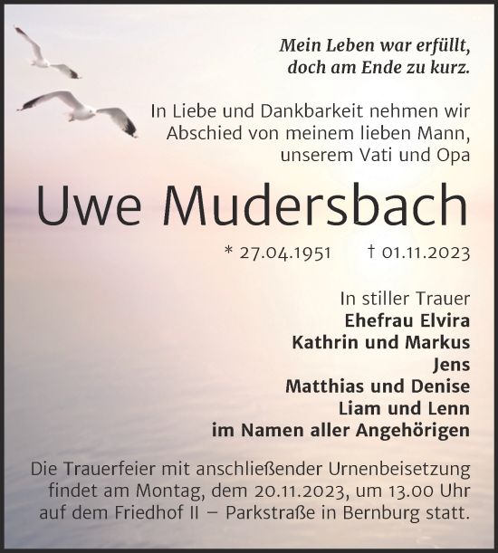 Traueranzeige von Uwe Mudersbach von Trauerkombi Bernburg