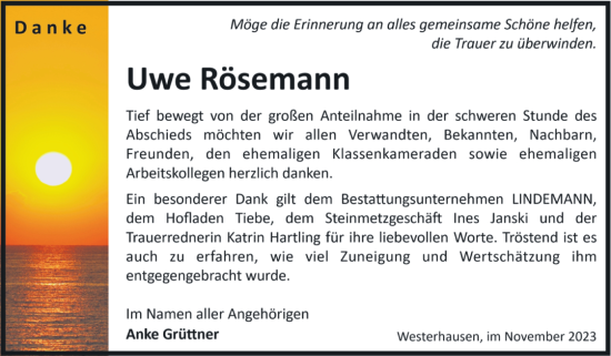 Traueranzeige von Uwe Rösemann von Trauerkombi Quedlinburg