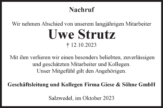 Traueranzeige von Uwe Strutz 