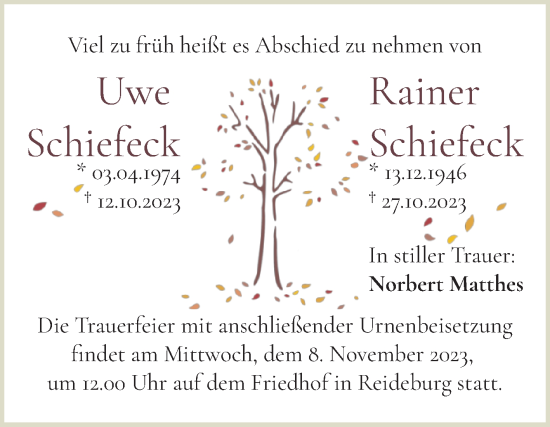 Traueranzeige von Uwe und Rainer Schiefeck von Mitteldeutsche Zeitung Halle/Saalkreis