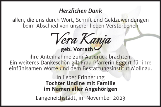 Traueranzeige von Vera Kanja von Trauerkombi Merseburg