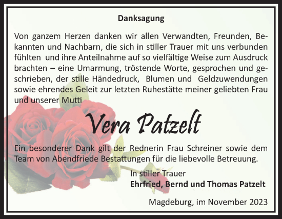 Traueranzeige von Vera Patzelt von Volksstimme Magdeburg