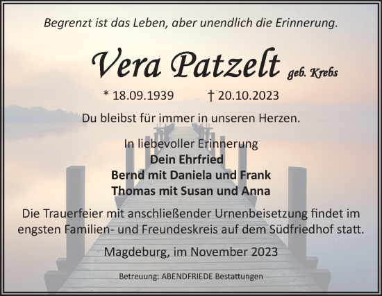 Traueranzeige von Vera Patzelt von Volksstimme Magdeburg