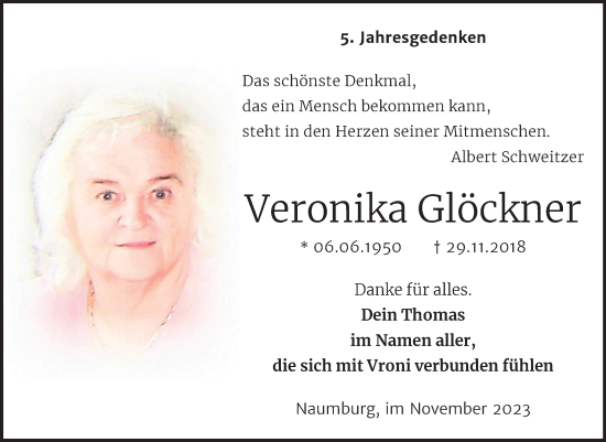 Traueranzeige von Veronika Glöckner von Wochenspiegel Naumburg/Nebra