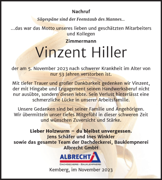 Traueranzeige von Vinzent Hiller von Super Sonntag Wittenberg
