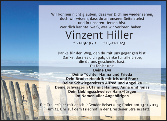 Traueranzeige von Vinzent Hiller von Trauerkombi Wittenberg