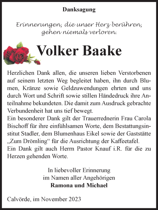 Traueranzeige von Volker Baake von Volksstimme Haldensleben/Wolmirstedt
