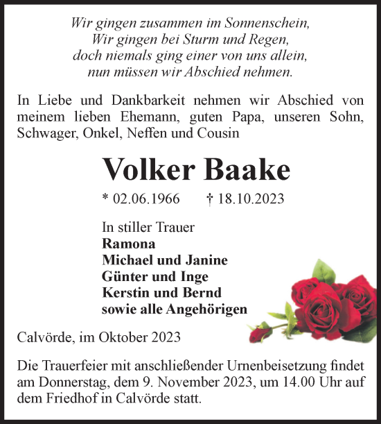 Traueranzeige von Volker Baake von Volksstimme Haldensleben/Wolmirstedt