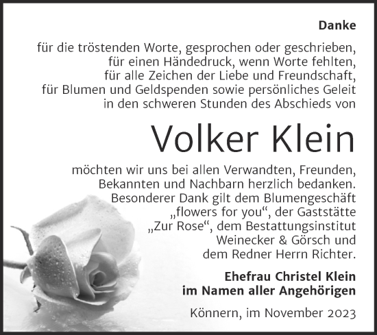 Traueranzeige von Volker Klein von Trauerkombi Bernburg