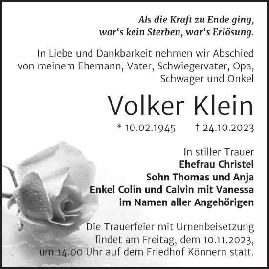 Traueranzeige von Volker Klein von Trauerkombi Bernburg
