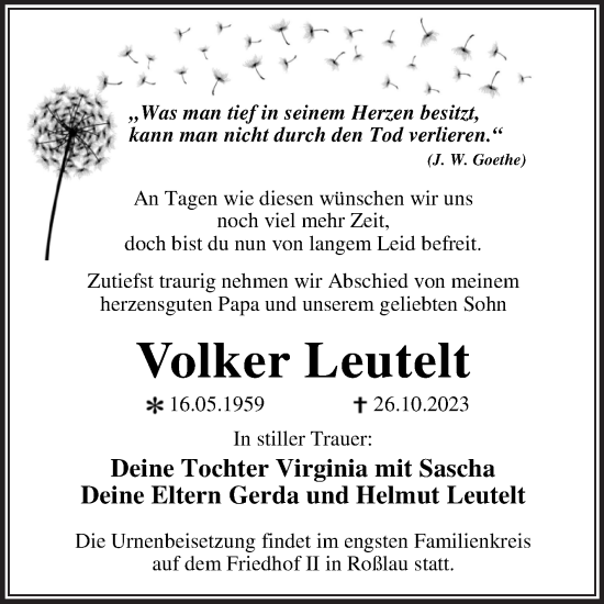 Traueranzeige von Volker Leutelt von Trauerkombi Dessau