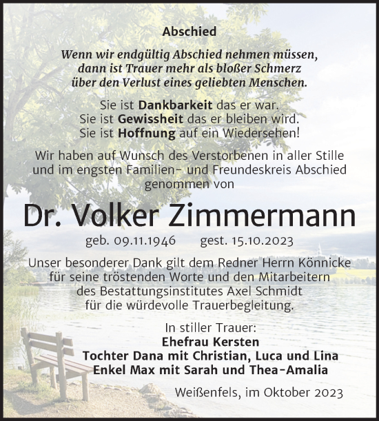 Traueranzeige von Volker Zimmermann von Wochenspiegel Weißenfels