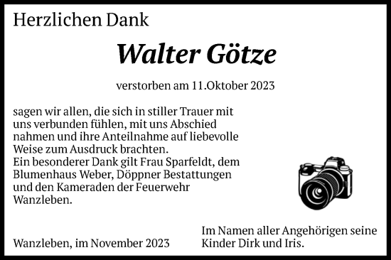 Traueranzeige von Walter Götze von Volksstimme Oschersleben/Wanzleben